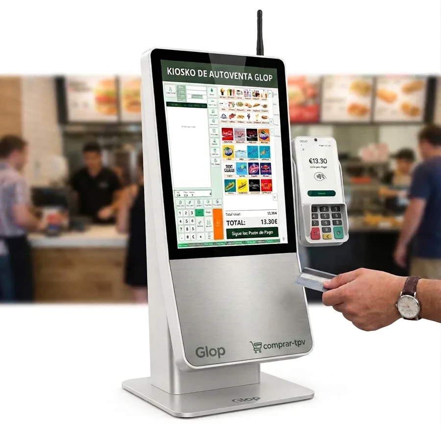 Kiosko de autoventa Glop con datáfono Dojo Wired mientras un cliente paga con tarjeta